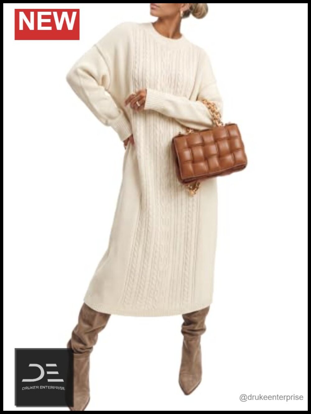 Wool Blend Oversized Cable Knit Midi Sweater Dress